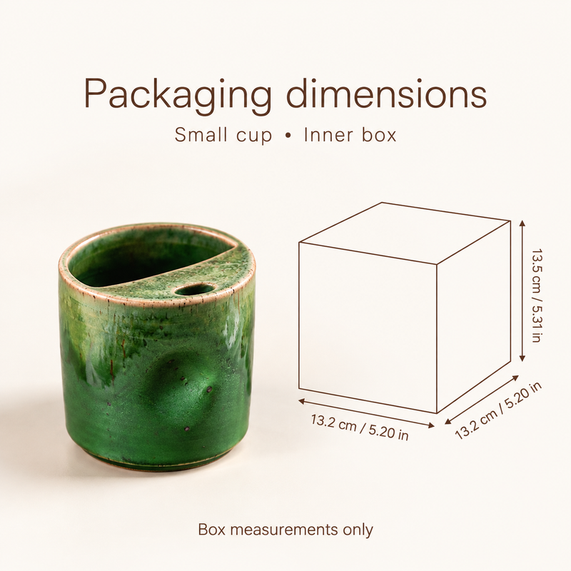 Small green cup beside an inner packaging dimension schematic labeled 13.2 by 13.2 by 13.5 cm; these are box measurements only.