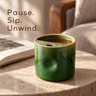 Green handleless ceramic cup filled with tea beside a book in a reading nook.