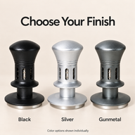 Black Silver and Gunmetal finish options for the spring-loaded espresso tamper