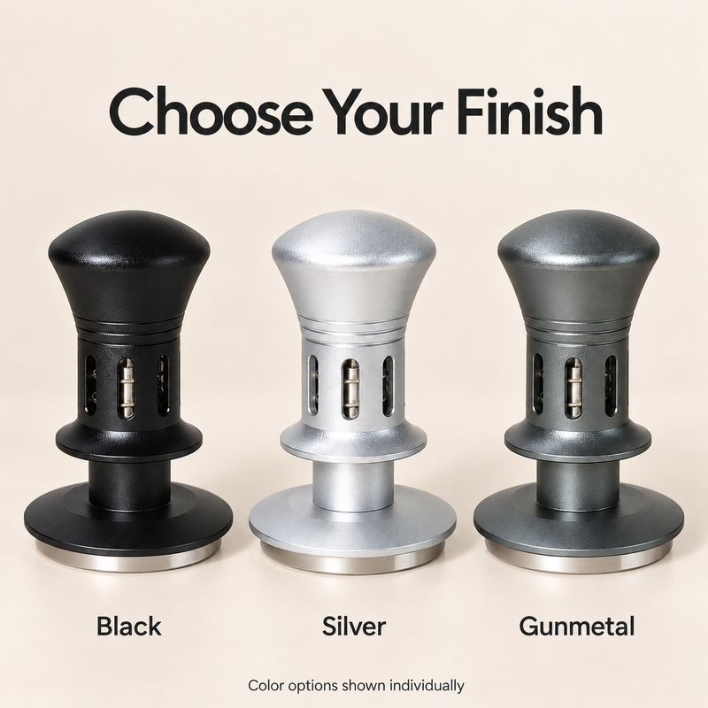 Black Silver and Gunmetal finish options for the spring-loaded espresso tamper