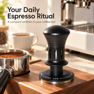 Black ripple-base coffee tamper beside a portafilter at a home espresso station