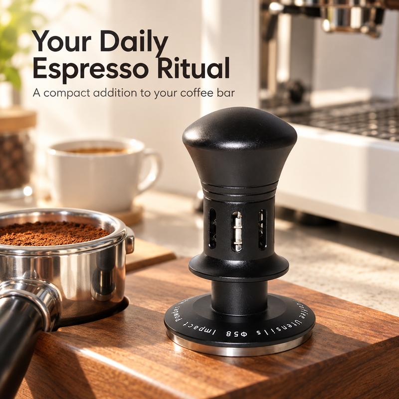 Black ripple-base coffee tamper beside a portafilter at a home espresso station