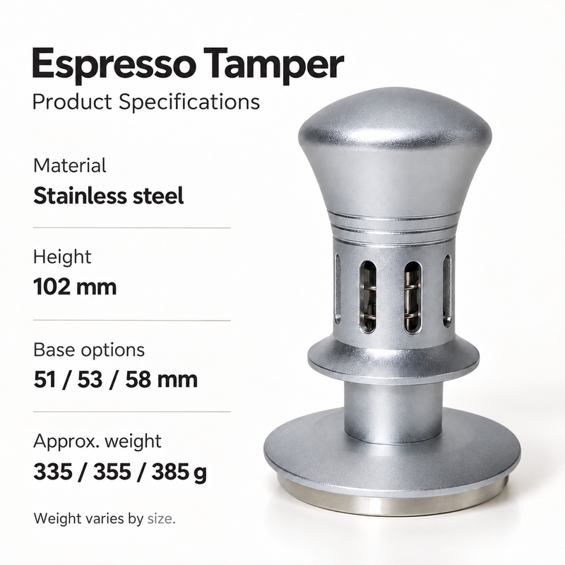 Spring-loaded espresso tamper specifications with stainless steel material sizes height and approximate weights