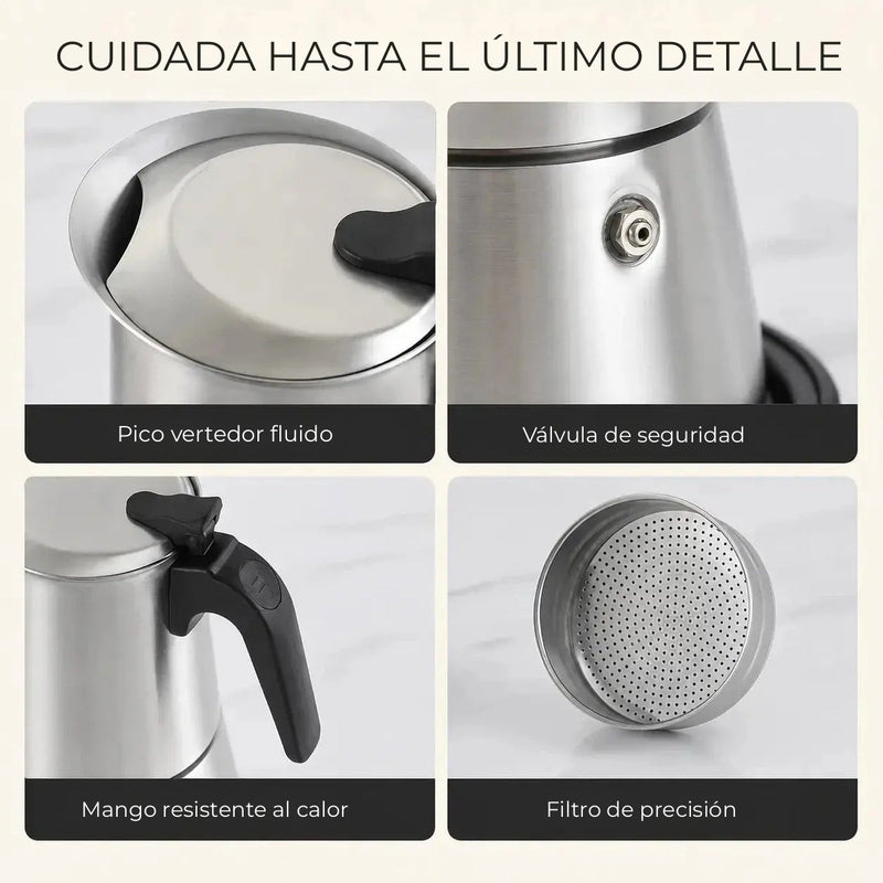 Válvula de seguridad, asa negra y filtro de la cafetera moka
