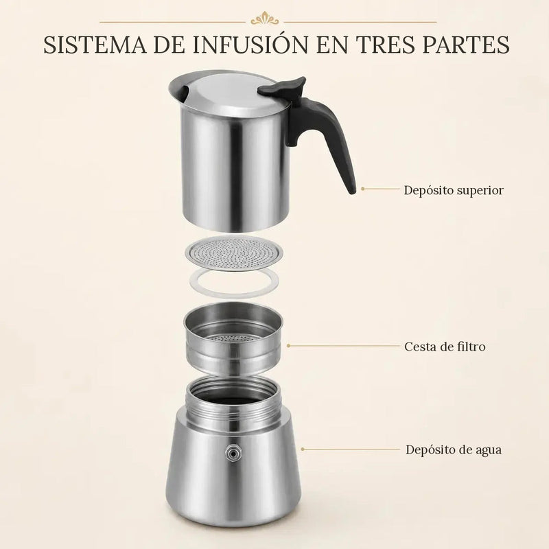 Sistema de infusión de tres partes de la cafetera moka de acero inoxidable