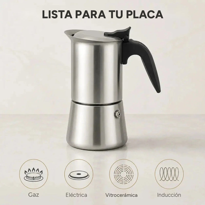 Cafetera moka de acero inoxidable compatible con gas, eléctrica, vitrocerámica e inducción