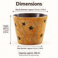 Dimensioni della tazza: diametro bocca circa 9,5 cm, altezza 7,5 cm e diametro base 6,5 cm, con equivalenti in pollici e capacità 300 ml.