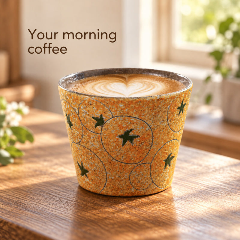 Tazza in ceramica con stelle ambra piena di latte macchiato su un piano di cucina in legno accanto a una finestra soleggiata.