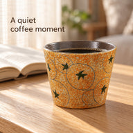 Tazza da caffè in ceramica color ambra con motivi a stelle verdi e caffè nero accanto a un libro aperto.