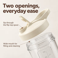 Close-up of the flip-top drinking spout and wide threaded opening of the stirring cup