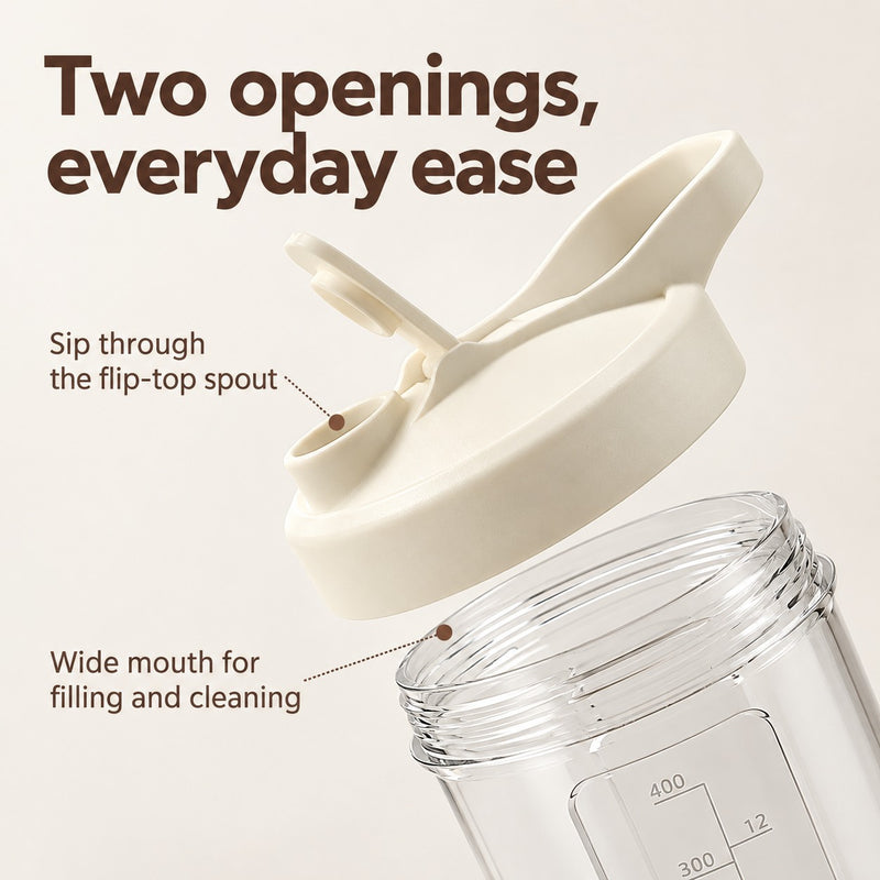 Close-up of the flip-top drinking spout and wide threaded opening of the stirring cup
