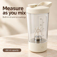 Clear automatic stirring cup with built-in milliliter and ounce measurement markings