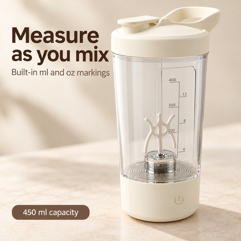 Clear automatic stirring cup with built-in milliliter and ounce measurement markings