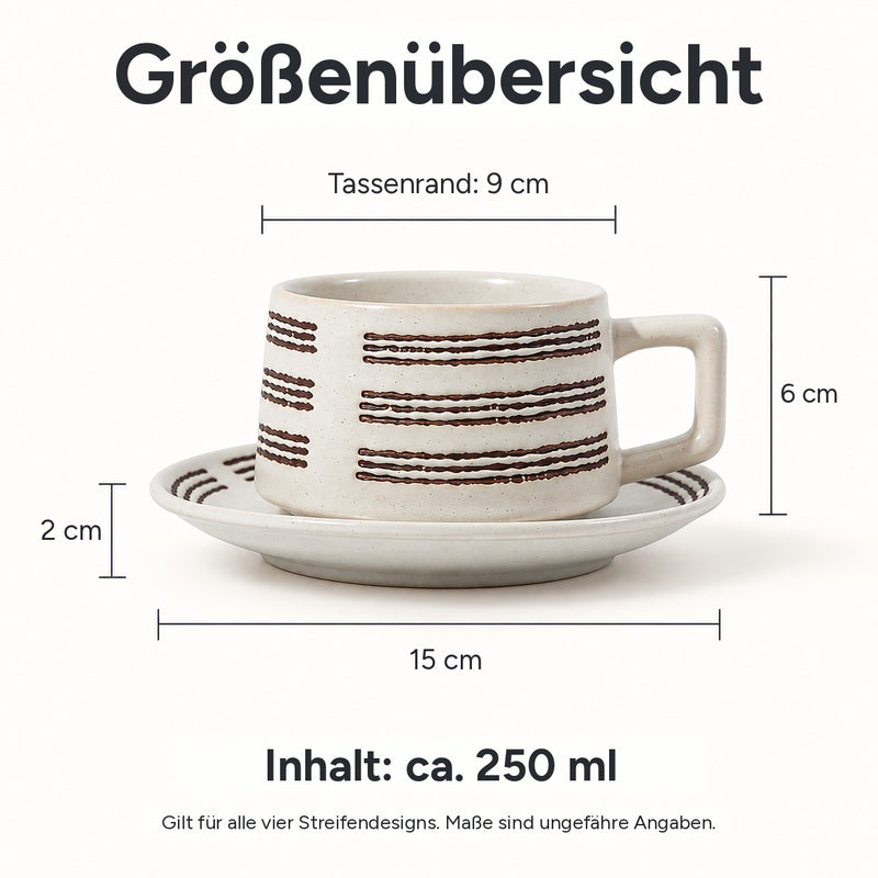 Größenübersicht: Tassenrand 9 cm, Höhe 6 cm, Untertasse 15 cm und 2 cm hoch, Inhalt ca. 250 ml