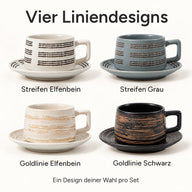 Vier Liniendesigns: Streifen Elfenbein, Streifen Grau, Goldlinie Elfenbein und Goldlinie Schwarz