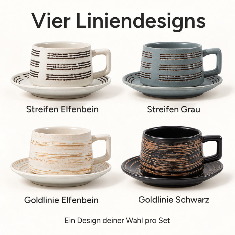 Vier Liniendesigns: Streifen Elfenbein, Streifen Grau, Goldlinie Elfenbein und Goldlinie Schwarz