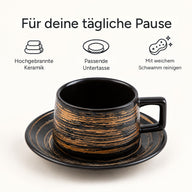 Tasse Goldlinie Schwarz mit Hinweisen zu hochgebrannter Keramik, passender Untertasse und Reinigung mit weichem Schwamm