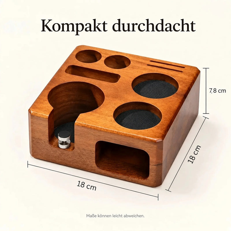 Maße der 58-mm-Tamperstation aus Holz: 18 x 18 cm