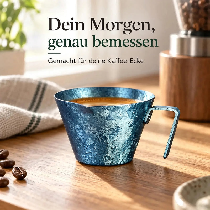 Eisblauer Espressobecher aus Titan auf einer Kaffeetheke