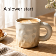 Ljust sandfärgad keramikmugg fylld med latte på ett soligt frukostbord