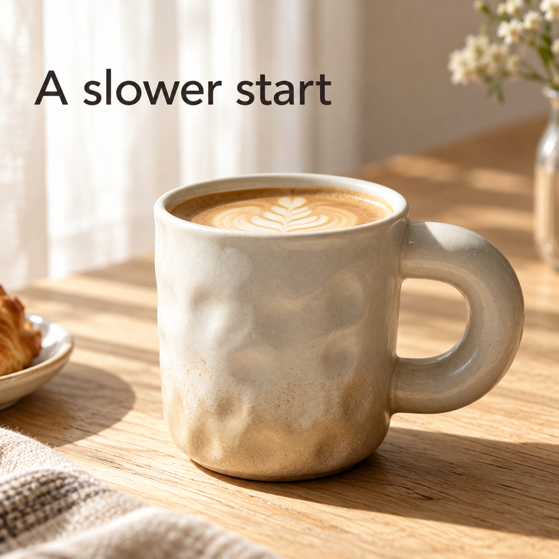 Ljust sandfärgad keramikmugg fylld med latte på ett soligt frukostbord