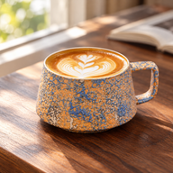 Blue and ochre ceramic mug filled with latte art on a wooden table by a window
