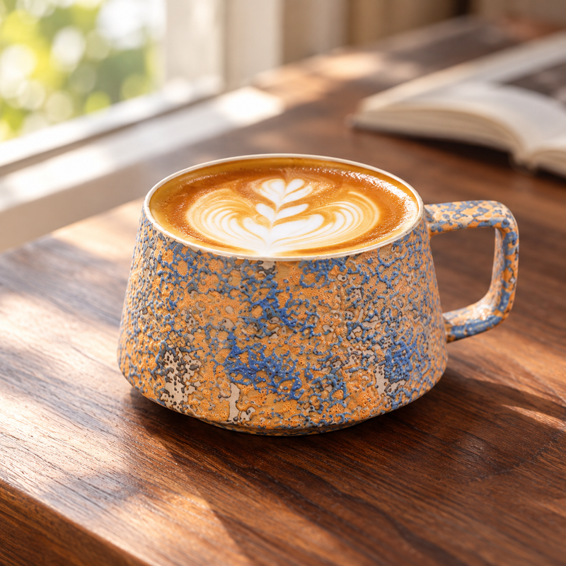 Blue and ochre ceramic mug filled with latte art on a wooden table by a window