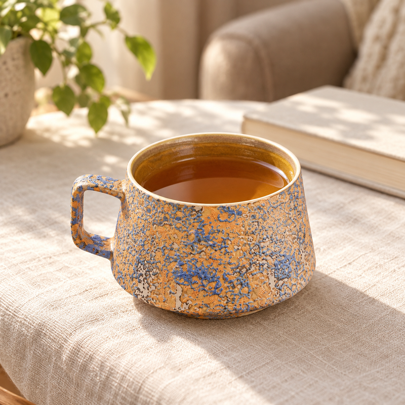 Blue and ochre ceramic mug filled with tea on a linen-covered reading table