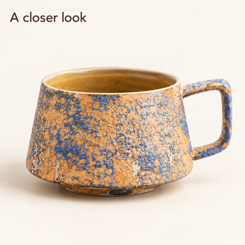 Profile of a blue and ochre ceramic coffee mug showing the tapered body and squared handle