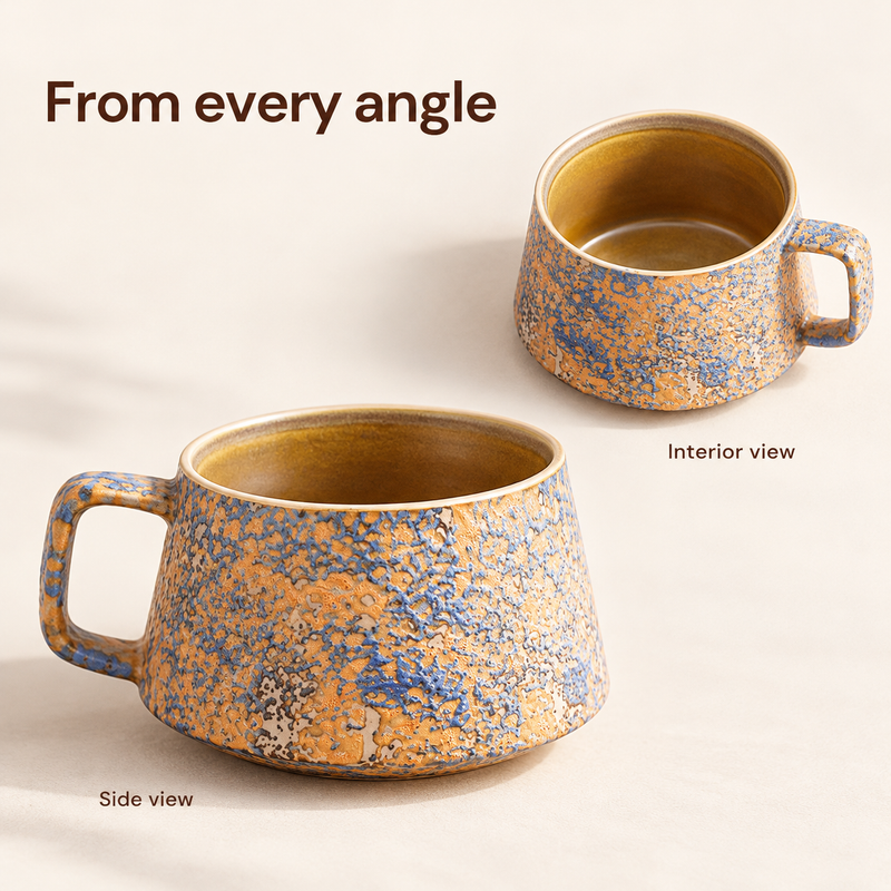 Two views of the same blue and ochre ceramic mug showing its side profile and interior