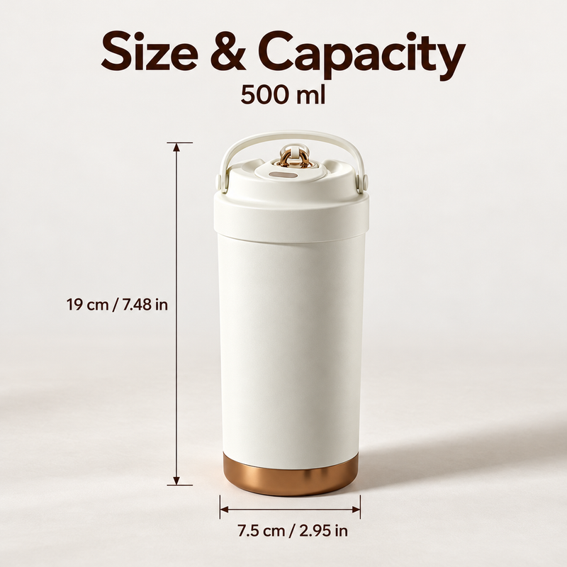 Afmetingen van de koffiebeker van 500 ml: 19 cm (7,48 in) hoog en 7,5 cm (2,95 in) breed.