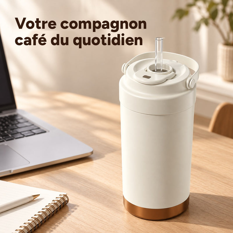 Tasse de voyage blanc crème avec paille en verre transparente sur un bureau, à côté d’un ordinateur portable et d’un carnet