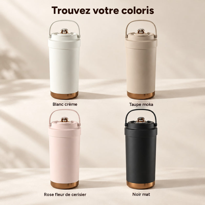 Coloris de la tasse de voyage : blanc crème, taupe moka, rose fleur de cerisier et noir mat