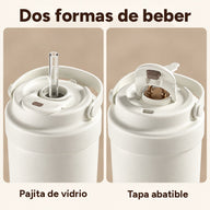 Primeros planos lado a lado de la tapa con pajita de vidrio y con la tapa abatible abierta