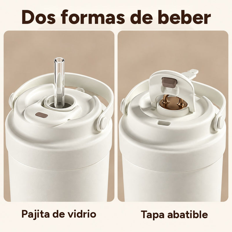Primeros planos lado a lado de la tapa con pajita de vidrio y con la tapa abatible abierta