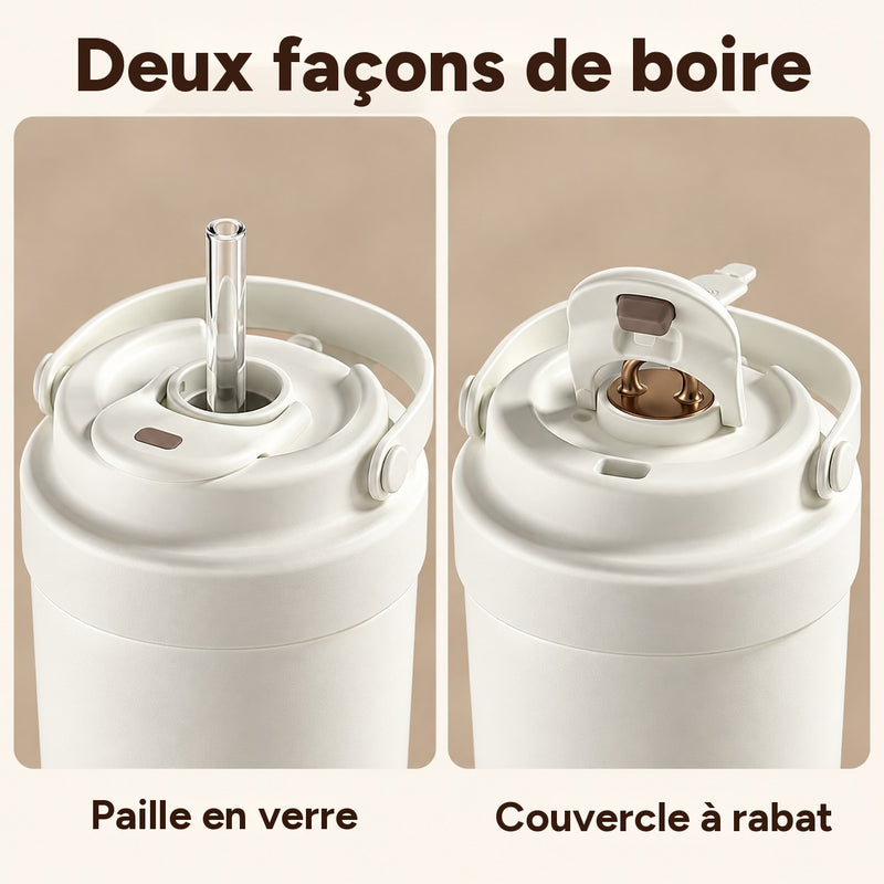 Gros plans côte à côte du couvercle avec paille en verre et avec le rabat ouvert