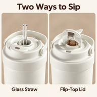 Close-ups naast elkaar van het bekerdeksel met glazen rietje en met geopende klep.