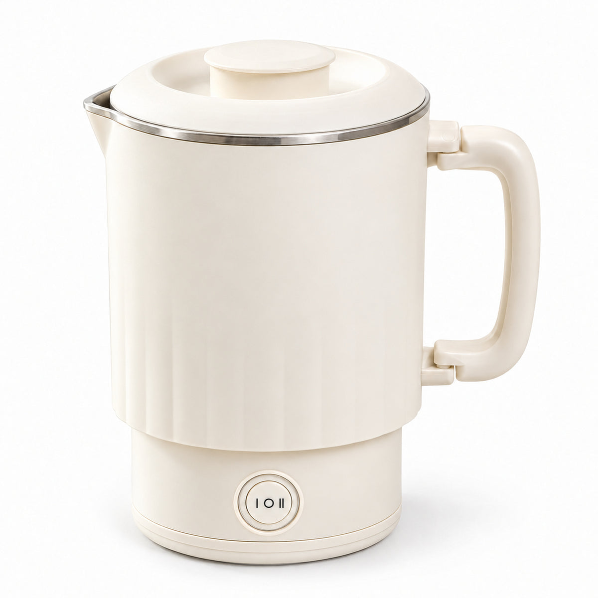 Cream 800 mL travel electric kettle on its heating base with the folding handle open, shown on white.