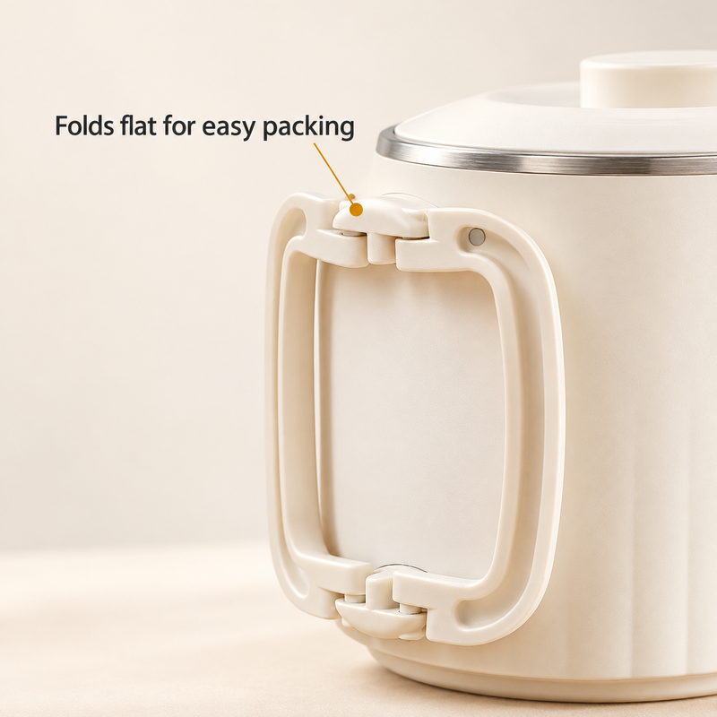 Close-up of the articulated cream handle folded flat against the kettle body.