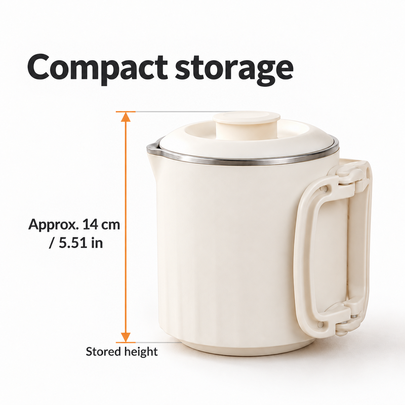 Compact stored kettle with an approximate height label of 14 cm / 5.51 in.