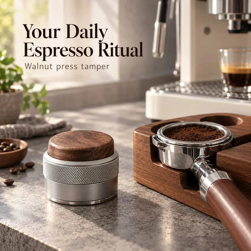 Silver walnut tamper in a home espresso preparation scene