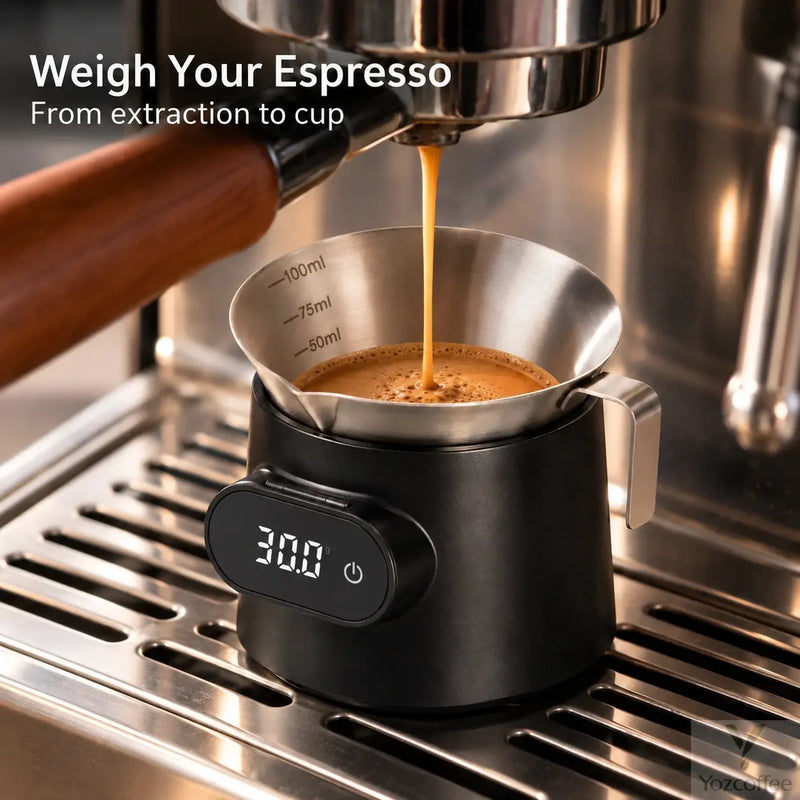 Espresso flowing into the 100 mL stainless steel cup on the Yozcoffee digital coffee scale