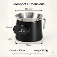 Yozcoffee cup scale dimensions showing 78.5 mm cup opening, 75 mm base, 65 mm height and 157 g weight