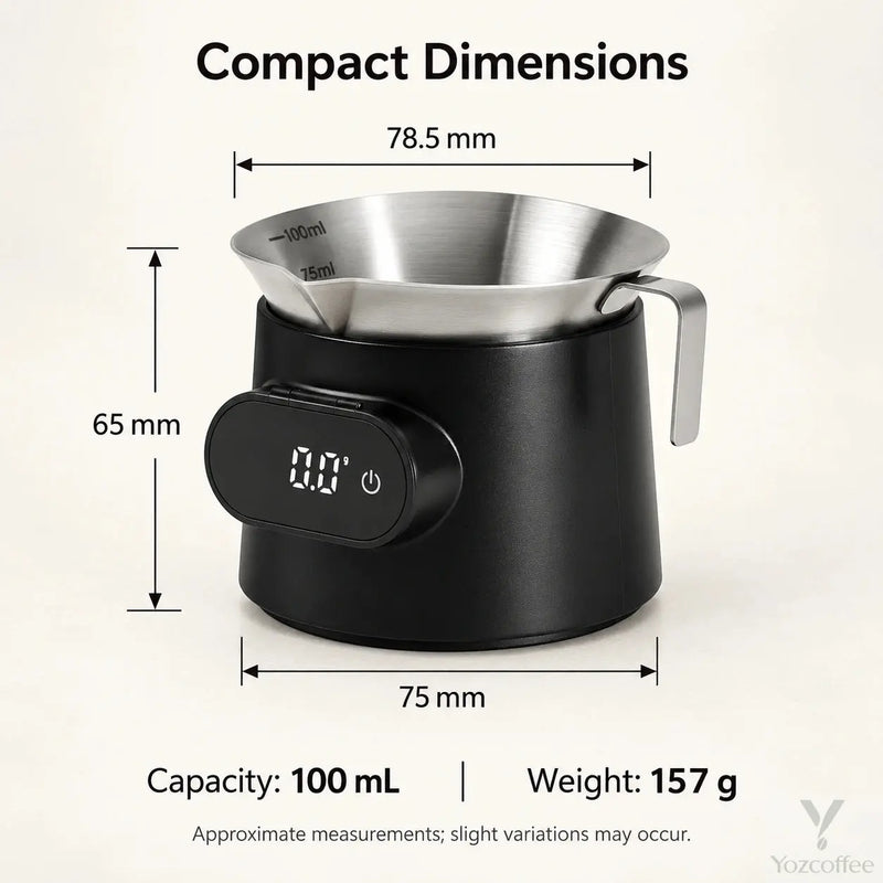Yozcoffee cup scale dimensions showing 78.5 mm cup opening, 75 mm base, 65 mm height and 157 g weight