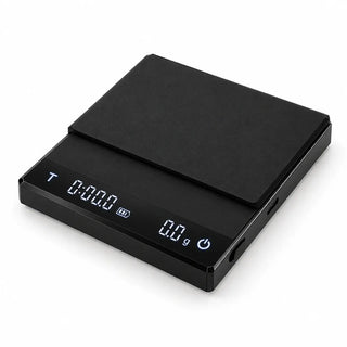 Black digital coffee scale with timer