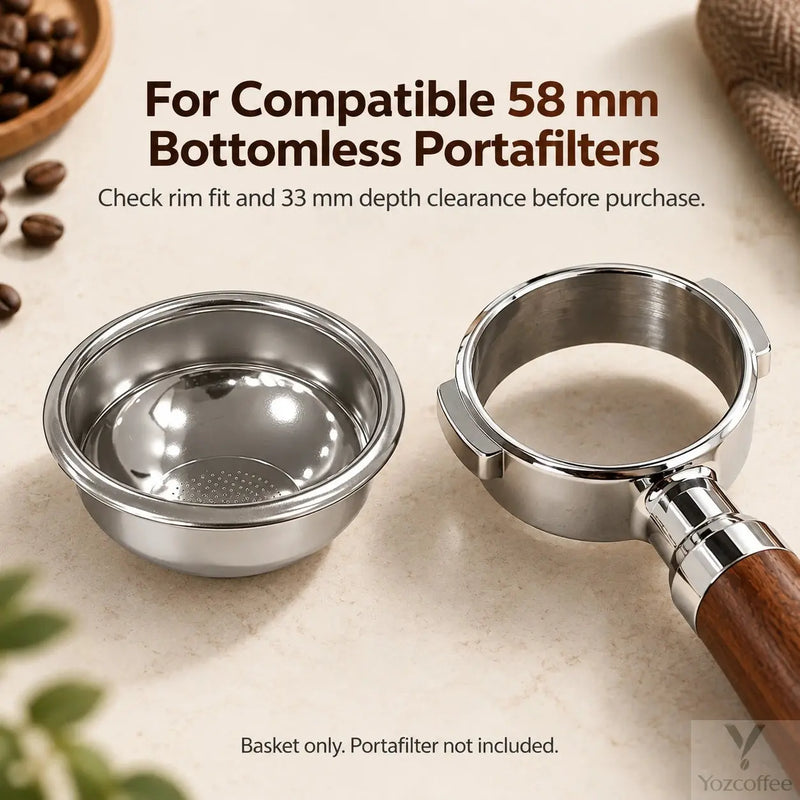 Rounded basket beside an empty bottomless portafilter with a reminder to check rim fit and 33mm clearance