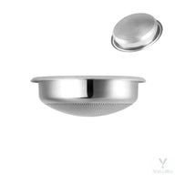 Supplier reference views of the shallow 58mm espresso filter basket showing its side profile and perforated underside