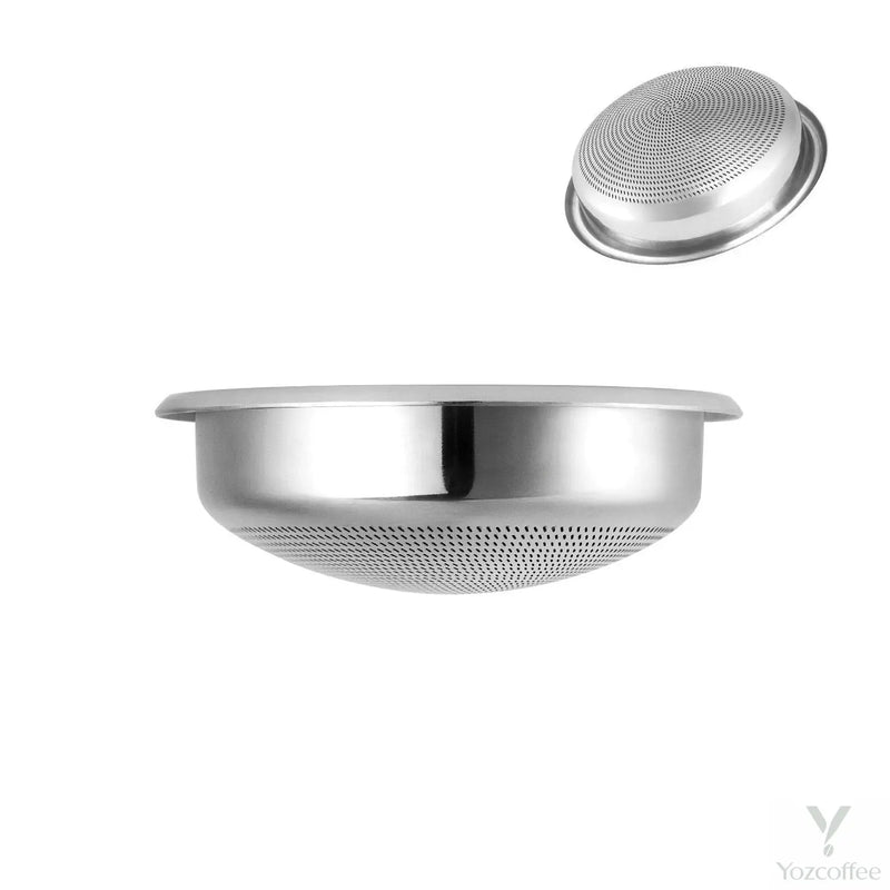 Supplier reference views of the shallow 58mm espresso filter basket showing its side profile and perforated underside