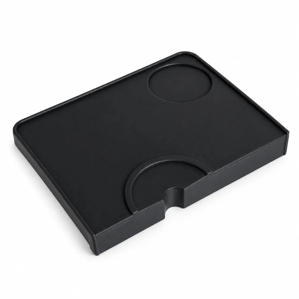 Black silicone espresso tamping mat with raised edge