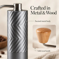 Faceted metal body and wood handle detail